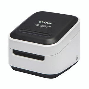 Brother VC-500WCR Printer, compact color label printer with black top and white body, power button on side, suitable for office use.