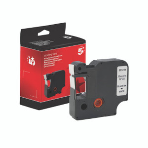 CW Office 4500 Label Tape 12MM Black/White, image of label tape cartridge with black ink and white label alongside its packaging box.