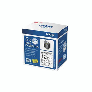 Brother Tze Tpe 12mmX8M Black and White Tape Cassette, five-pack, laminated for durability, suitable for Brother label printers.