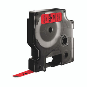 CW Office Dymo D1 Labelmaker Tape 9MM BLK/Red, black and red label tape cartridge with a partially visible label tape extending from the plastic casing.