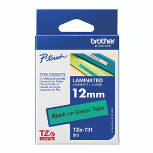 CW Office Brother Tze Tpe 12MMX8M BLK/GRN Tpe, laminated tape in black text on green tape for labeling.
