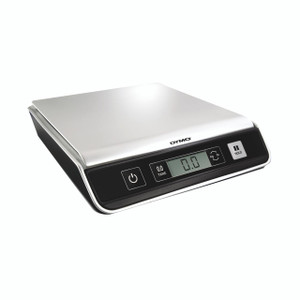 CW Office Dymo M10 Mailing Scale 10KG Emea BLK, digital postal weighing scale with black control panel and silver platform.