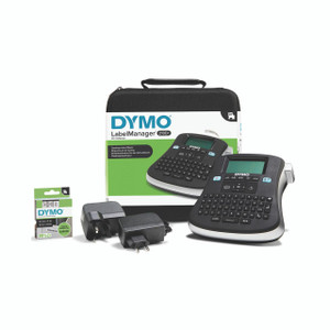 Dymo LabelManager 210 D Kit Case, portable label maker kit with two labeling devices, power adapters, and a pack of label tape.
