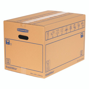 CW Office Smoothmove Standard Moving Box PK10, large brown moving box with blue print and handle holes for easy carrying.