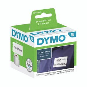 CW Office Dymo Ship Label 54X101 BLK/WHT PK220, product packaging of white and black adhesive shipping labels on a green and white box.