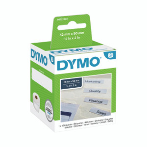 Product CW Office Dymo Susn File Label 50X12MM PK220, green and white packaging box with Dymo logo and transparent window showing labels inside.