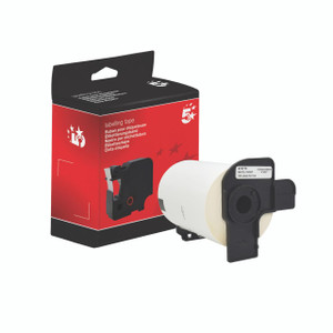 CW Office Shipping Label 103 x 164mm, label roll with a blank white shipping label attached to a black plastic dispenser, in front of a red and black packaging box with product details and branding.