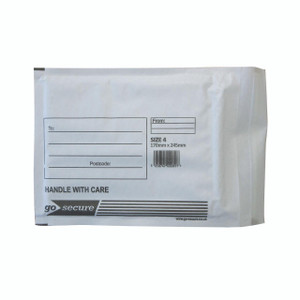 CW Office Gosecure Bubble Env Size 4 WHT PK100, white bubble envelope with size 170mm x 245mm and label for shipping details.