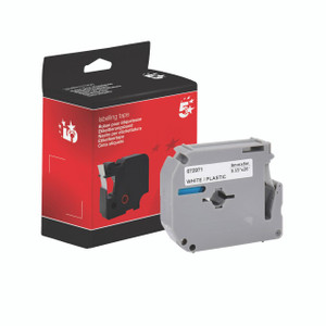 CW Office P-Touch Tpe 9MM BLK/WHT Tpe, label tape cartridge in gray plastic with blue indicator, and its red and black packaging box.