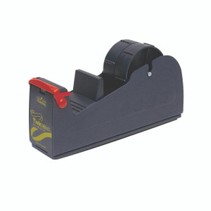 CW Office Heavy Duty 2IN Tape Dispenser, black tape dispenser with red tape cutter and tape roll installed.