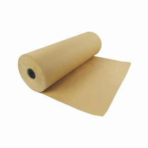 CW Office Imit Kraft Paper Roll 600MMX250M Bwn, Large brown kraft paper roll unscrolled with a blank sheet extending from it.