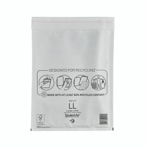 CW Office Sealed Air Bubble Mailer WHT PKPK50, white padded mailing envelope with sealing flap and recycling icons on the front.