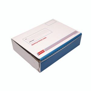 CW Office Gosecure Post Box B 318X224X80 PK20, white and blue post box with address label and mailing instructions, designed for secure mail handling.