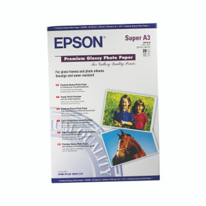 CW Office Epson A3 Prem Glossy White Pack 20, glossy photo paper for high-quality printing, pack of 20 sheets, A3 size, suitable for photo albums and gallery prints.