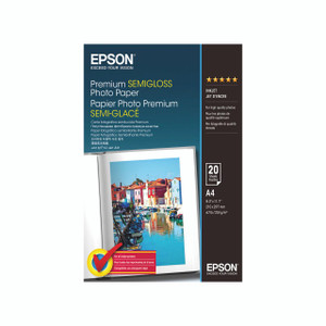CW Office Epson Semi Gloss A4 Photo Paper PK20, retail packaging with an image of colorful buildings and boats on water, size 8.3 x 11.7 inches, 20 sheets, high-quality inkjet photo paper.