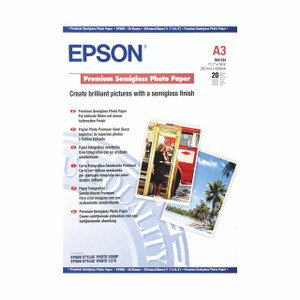 CW Office Epson Semi Gloss A3 Photo Paper PK20, close-up of the product packaging showcasing the label and sample photos of tropical scenery and street scene with phone booth.