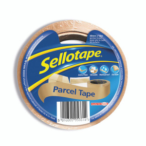 CW Office Sellotape Parcel Tape Brown PK8, roll of brown parcel tape with packaging and branding visible.