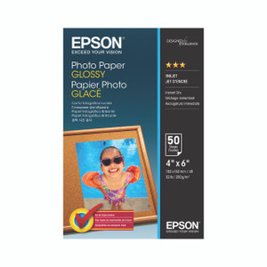 CW Office Epson Photo Paper 10X15 200GSM PK50, glossy photo paper package with a colorful picture of a smiling girl wearing sunglasses inside a wooden frame.