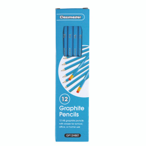 CW Office Classmaster HB Pencils Eras Tip PK12, a set of 12 blue graphite pencils with erasers, suitable for school, office, and home use.