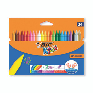 CW Office Bic Plastidecor Crayons AST PK24, set of 24 vibrant colored crayons in a bright orange and blue package.