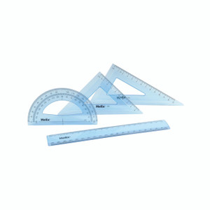 CW Office Helix 20CM Geometry Set PK10, a set of transparent blue plastic geometrical drawing tools including a ruler, protractor, and triangle rulers.