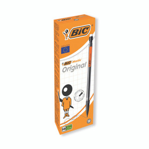 CW Office Bicmatic Mech Pencil 0.7MM PK12, orange and black mechanical pencil in a box with product details and illustration.