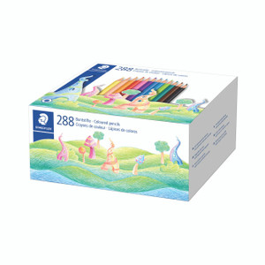 CW Office Staedtler 175 Pencils Assorted P288, colorful boxed set of 288 colored pencils with whimsical dinosaur and nature illustrations on packaging.