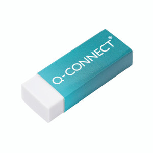 Q-Connect PVC Eraser White PK20, white rectangular eraser with blue packaging labeled Q-Connect.