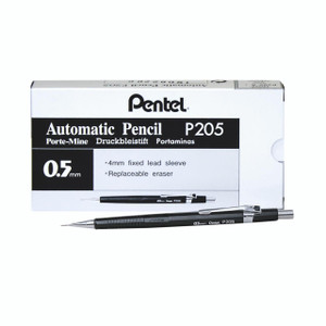 CW Office Pentel P205 Auto Pencil 0.5MM PK12, mechanical pencil with black body and silver clip, with its packaging box in the background.