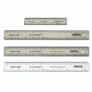 CW Office Q-Connect Metr/Imp Ruler Clear 150MM, image of four clear plastic rulers with measurement markings in centimeters and inches.