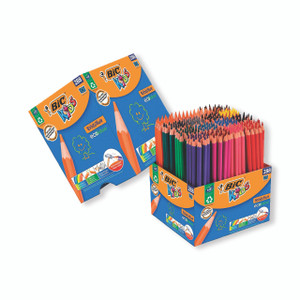 Product CW Office Bic Kids Evo Colg Pencils AST PK288, colorful array of children’s eco-friendly colored pencils arranged in a box with packaging.