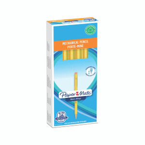 CW Office Paper Mate Non-Stop Mechanical Pencil PK12, yellow mechanical pencil with pink eraser on top, in its blue and orange packaging with transparent window showing 12 pencils inside.