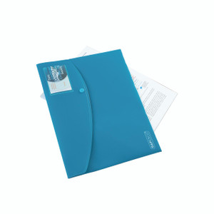CW Office Eco Recyc ID Popp Wlt A4 AST PK5, blue eco-friendly document holder with a button closure and transparent ID card holder.