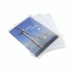 CW Office Rapesco Eco Popper Wallet A4 Clr PK5, transparent A4 document wallets with wind turbine image on the front.