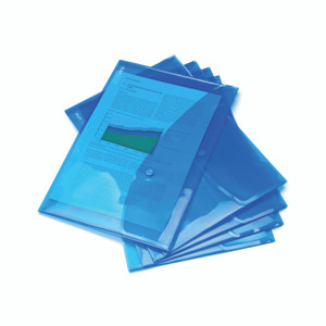 CW Office Eco Recyc Popp Wlt A4+ B/Blue PK5, set of five blue recycled plastic document wallets for office and school use.