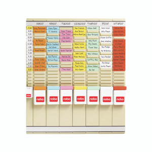 CW Office Nobo 7 T-Card Panel Planning Kit, office planning board with color-coded t-cards and labels for organizing weekly schedules and appointments.