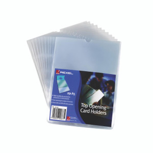 CW Office Rexel Card Holders A5 Clear PK25, transparent plastic top opening card holders for organizing and protecting A5 size cards.