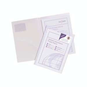 CW Office Snopake Twinfile A4 Clear PK5, transparent document folder with index tabs and project reports inside, ideal for office organization and filing.
