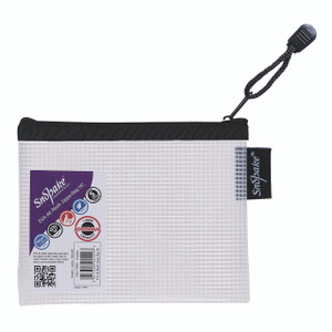 CW Office Snopake Eva Mesh Zippa BAG A6 PK3, a transparent white mesh zippered bag with black trim and an attached black zip puller with a strap.