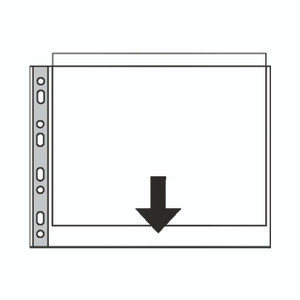 CW Office Esselte LS Punch Pocket A3 Clear PK10, illustration of an A3 clear punch pocket with a black downward arrow indicating insertion or placement, suitable for office or document organization.