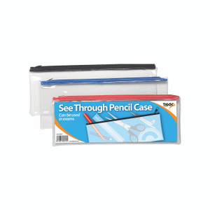 CW Office Sundry Clear Exam Case PK12, transparent see-through pencil case with red, blue, and black zippers for storing stationery and exam supplies.