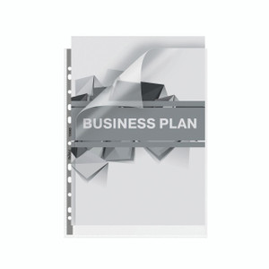 CW Office Rexel Nyrex A4 Pocket GRY T/S PK25, a grey A4 transparent plastic document pocket with a label displaying 'BUSINESS PLAN' for organizing and protecting business documents.