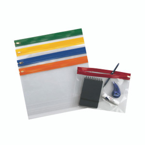 CW Office Snopake Zippa BAG A4 + AST PK25, transparent zippered document bags with colored zippers and small stationery accessories.
