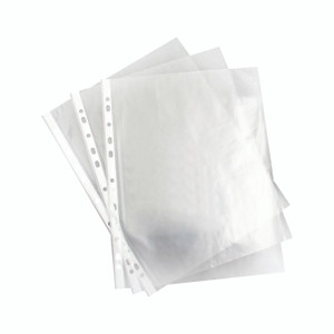 CW Office A4 Clear Punched Pockets PK100, set of transparent plastic punched pockets with four holes for filing in binders.