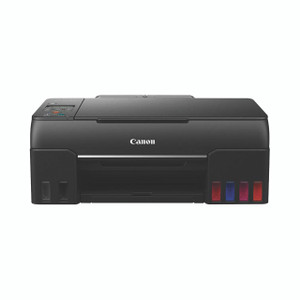 CW Office Canon Pixma G650 Inkjet Printer, black inkjet printer with four colored ink bottles at the front.