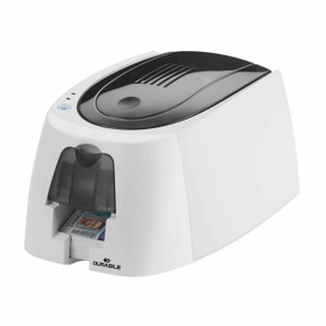 CW Office Durable Id 300 Badge Printer 891065, small white badge printer with black cover and printing slot, producing identification badges.