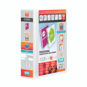 CW Office Elba Presentation Ring Binder, white A4+ size with 65mm binder rings, packaged in transparent plastic with colorful labels and product images.
