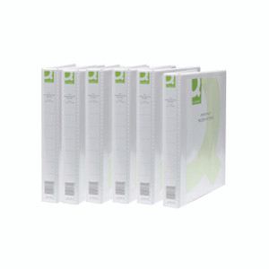 CW Office Q-Connect 2 R/Present Binder WHT PK6, a set of six white presentation binders with transparent covers and green accents, designed for organizing and storing documents.