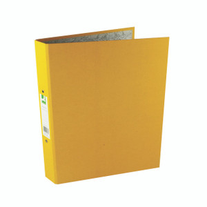 CW Office Q-Connect Ylw 2RING Pprb Bndr PK10, yellow double-ring repackaged paper binder with a side label and secure metal rings.