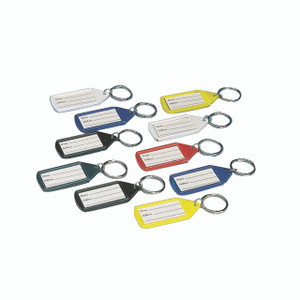 CW Office Stephens Tabbies Keyring ASS PK10, set of 10 colorful plastic keyrings with blank label areas for names or notes, featuring metal key rings for attaching keys or small accessories.